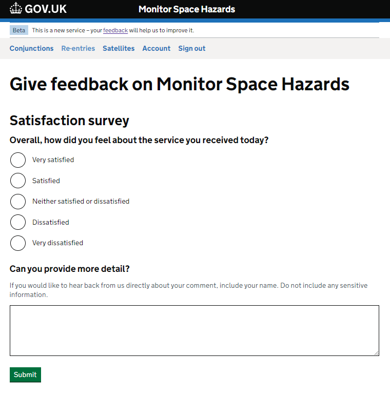 Screenshot of feedback form